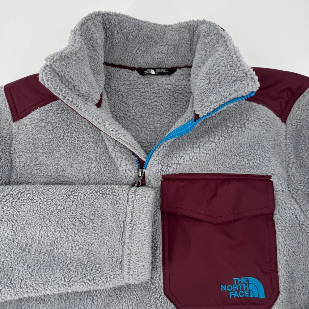 The North Face Mens Gray Maroon Sherpa Fleece 1/4 Zip Pullover Jacket Small